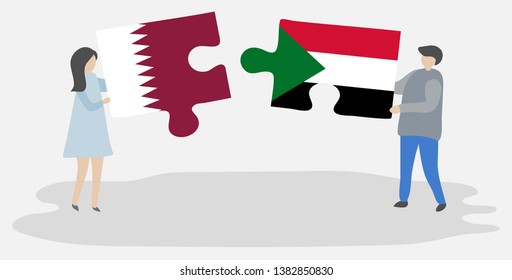 Couple holding two puzzles pieces with Qatari and Sudanese flags. Qatar and Sudan national symbols together.