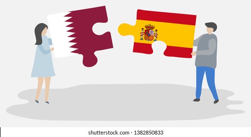 Couple holding two puzzles pieces with Qatari and Spanish flags. Qatar and Spain national symbols together.