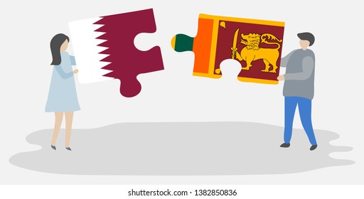 Couple holding two puzzles pieces with Qatari and Sri Lankan flags. Qatar and Sri Lanka national symbols together.