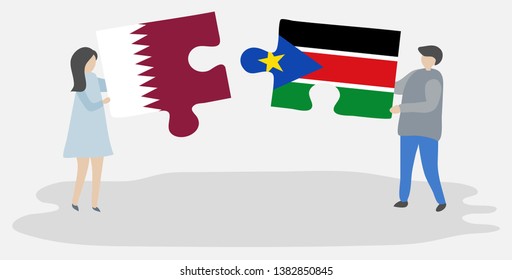 Couple holding two puzzles pieces with Qatari and South Sudanese flags. Qatar and South Sudan national symbols together.