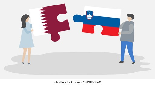 Couple holding two puzzles pieces with Qatari and Slovenian flags. Qatar and Slovenia national symbols together.