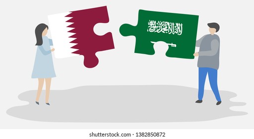 Couple holding two puzzles pieces with Qatari and Saudi Arabian flags. Qatar and Saudi Arabia national symbols together.