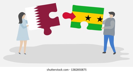 Couple holding two puzzles pieces with Qatari and Sao Tomean flags. Qatar and Sao Tome and Principe national symbols together.