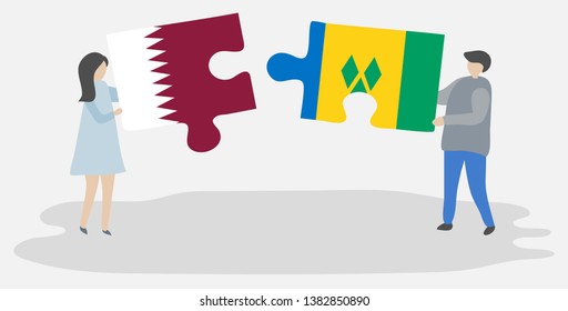 Couple holding two puzzles pieces with Qatari and Vincentian flags. Qatar and Saint Vincent and the Grenadines national symbols together.