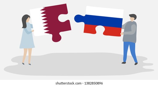 Couple holding two puzzles pieces with Qatari and Russian flags. Qatar and Russia national symbols together.