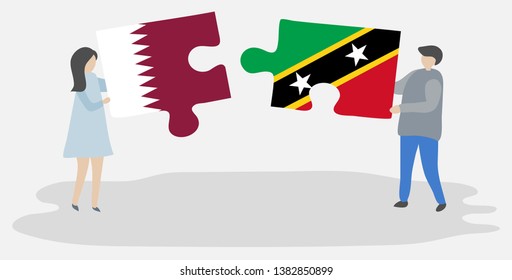 Couple holding two puzzles pieces with Qatari and Kittitian flags. Qatar and Saint Kitts and Nevis national symbols together.