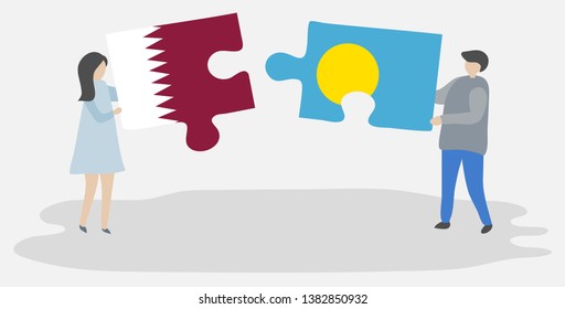 Couple holding two puzzles pieces with Qatari and Palauan flags. Qatar and Palau national symbols together.