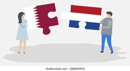 Couple holding two puzzles pieces with Qatari and Dutch flags. Qatar and Netherlands national symbols together.