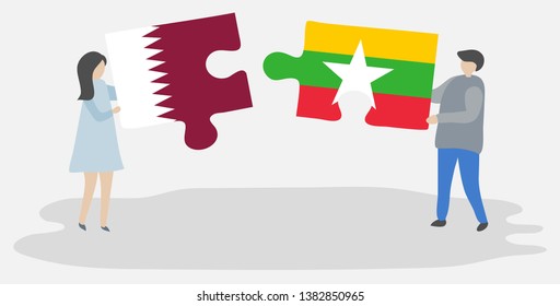 Couple holding two puzzles pieces with Qatari and Burmese flags. Qatar and Myanmar national symbols together.
