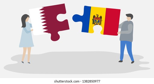 Couple holding two puzzles pieces with Qatari and Moldovan flags. Qatar and Moldova national symbols together.