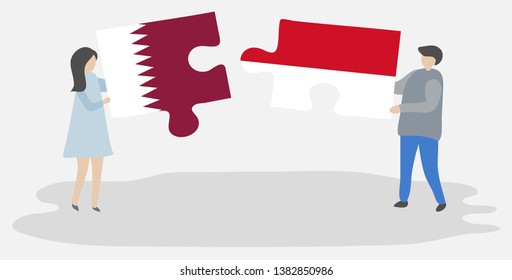 Couple holding two puzzles pieces with Qatari and Monegasque flags. Qatar and Monaco national symbols together.