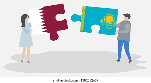 Couple holding two puzzles pieces with Qatari and Kazakh flags. Qatar and Kazakhstan national symbols together.