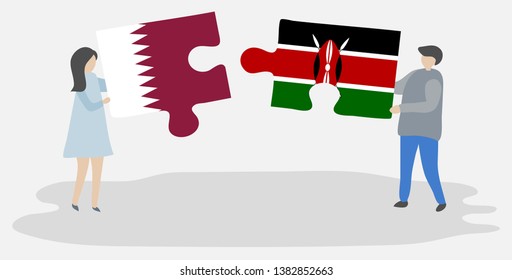 Couple holding two puzzles pieces with Qatari and Kenyan flags. Qatar and Kenya national symbols together.