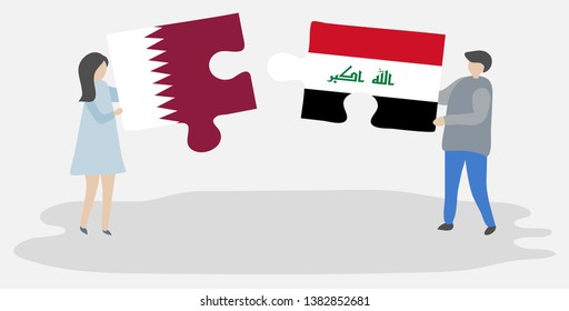 Couple holding two puzzles pieces with Qatari and Iraqi flags. Qatar and Iraq national symbols together.