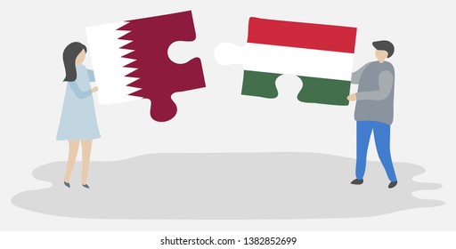 Couple holding two puzzles pieces with Qatari and Hungarian flags. Qatar and Hungary national symbols together.