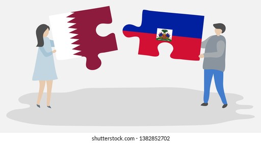 Couple holding two puzzles pieces with Qatari and Haitian flags. Qatar and Haiti national symbols together.