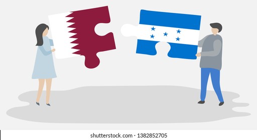 Couple holding two puzzles pieces with Qatari and Honduran flags. Qatar and Honduras national symbols together.
