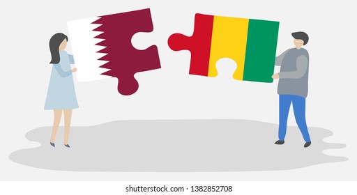 Couple holding two puzzles pieces with Qatari and Guinean flags. Qatar and Guinea national symbols together.