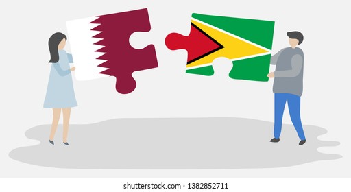 Couple holding two puzzles pieces with Qatari and Guyanese flags. Qatar and Guyana national symbols together.