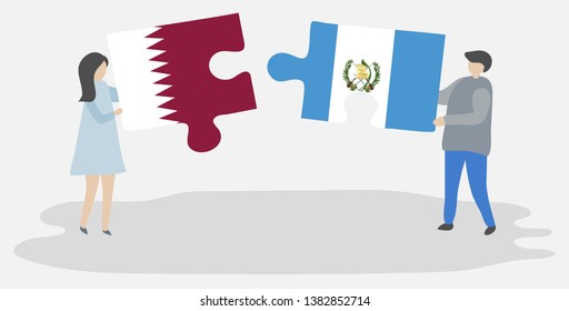 Couple holding two puzzles pieces with Qatari and Guatemalan flags. Qatar and Guatemala national symbols together.