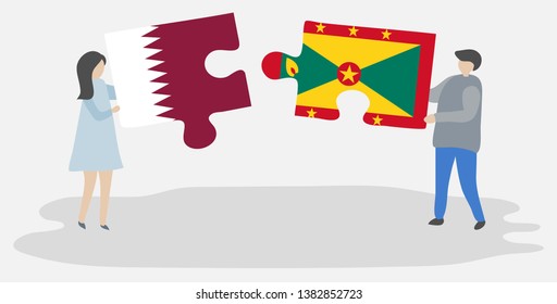 Couple holding two puzzles pieces with Qatari and Grenadian flags. Qatar and Grenada national symbols together.