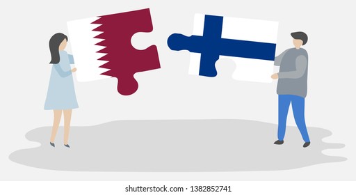 Couple holding two puzzles pieces with Qatari and Finnish flags. Qatar and Finland national symbols together.