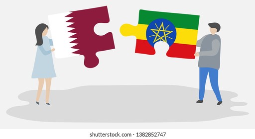 Couple holding two puzzles pieces with Qatari and Ethiopian flags. Qatar and Ethiopia national symbols together.