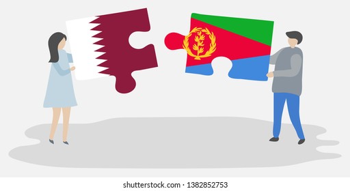 Couple holding two puzzles pieces with Qatari and Eritrean flags. Qatar and Eritrea national symbols together.