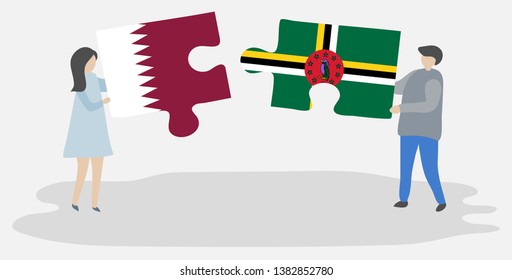Couple holding two puzzles pieces with Qatari and Dominican flags. Qatar and Dominica national symbols together.