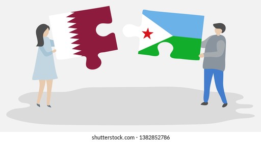 Couple holding two puzzles pieces with Qatari and Djiboutian flags. Qatar and Djibouti national symbols together.