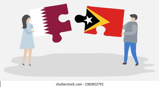 Couple holding two puzzles pieces with Qatari and Timorese flags. Qatar and East Timor national symbols together.