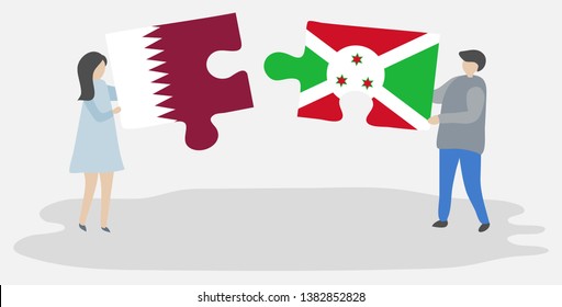 Couple holding two puzzles pieces with Qatari and Burundian flags. Qatar and Burundi national symbols together.