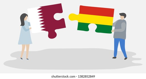Couple holding two puzzles pieces with Qatari and Bolivian flags. Qatar and Bolivia national symbols together.