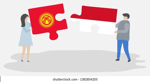 Couple holding two puzzles pieces with Kirgiz and Monegasque flags. Kyrgyzstan and Monaco national symbols together.