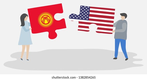 Couple holding two puzzles pieces with Kirgiz and American flags. Kyrgyzstan and United States of America national symbols together.