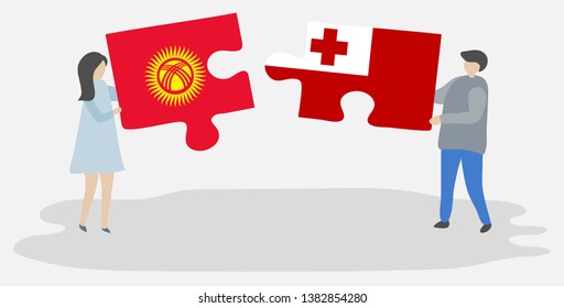Couple holding two puzzles pieces with Kirgiz and Tongan flags. Kyrgyzstan and Tonga national symbols together.
