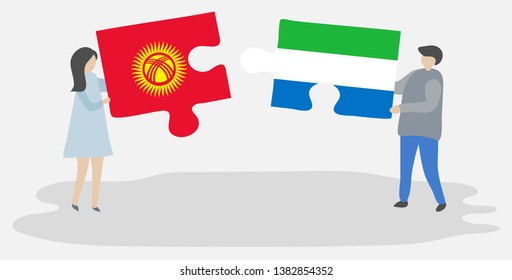 Couple holding two puzzles pieces with Kirgiz and Sierra Leonean flags. Kyrgyzstan and Sierra Leone national symbols together.