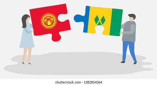 Couple holding two puzzles pieces with Kirgiz and Vincentian flags. Kyrgyzstan and Saint Vincent and the Grenadines national symbols together.