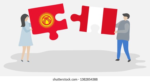 Couple holding two puzzles pieces with Kirgiz and Peruvian flags. Kyrgyzstan and Peru national symbols together.