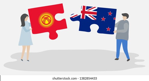 Couple holding two puzzles pieces with Kirgiz and NZ flags. Kyrgyzstan and New Zealand national symbols together.