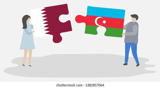 Couple holding two puzzles pieces with Qatari and Azerbaijani flags. Qatar and Azerbaijan national symbols together.