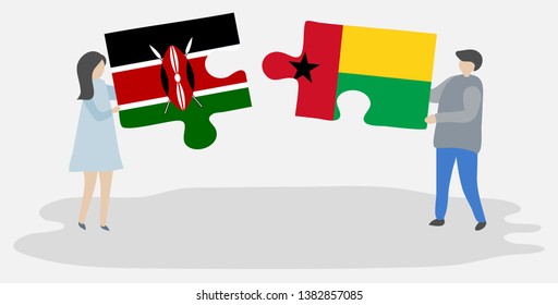 Couple holding two puzzles pieces with Kenyan and Bissau-Guinean flags. Kenya and Guinea-Bissau national symbols together.