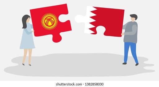 Couple holding two puzzles pieces with Kirgiz and Bahraini flags. Kyrgyzstan and Bahrain national symbols together.