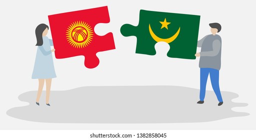 Couple holding two puzzles pieces with Kirgiz and Mauritanian flags. Kyrgyzstan and Mauritania national symbols together.