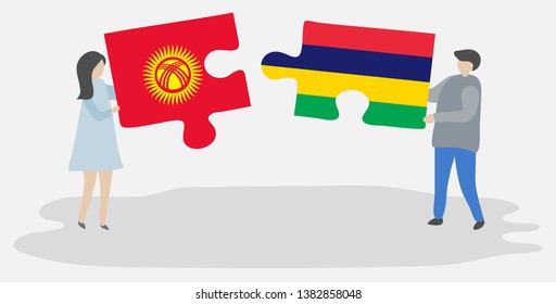 Couple holding two puzzles pieces with Kirgiz and Mauritian flags. Kyrgyzstan and Mauritius national symbols together.