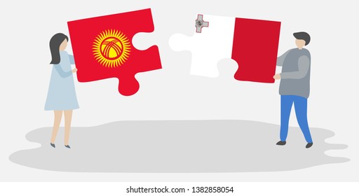 Couple holding two puzzles pieces with Kirgiz and Maltese flags. Kyrgyzstan and Malta national symbols together.