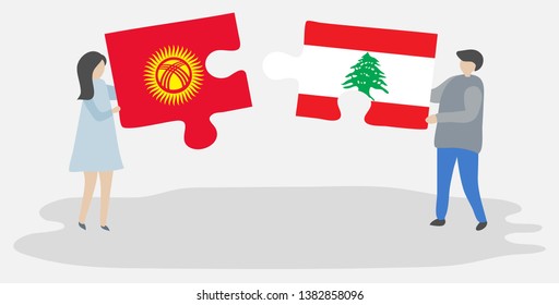 Couple holding two puzzles pieces with Kirgiz and Lebanese flags. Kyrgyzstan and Lebanon national symbols together.