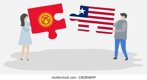 Couple holding two puzzles pieces with Kirgiz and Liberian flags. Kyrgyzstan and Liberia national symbols together.