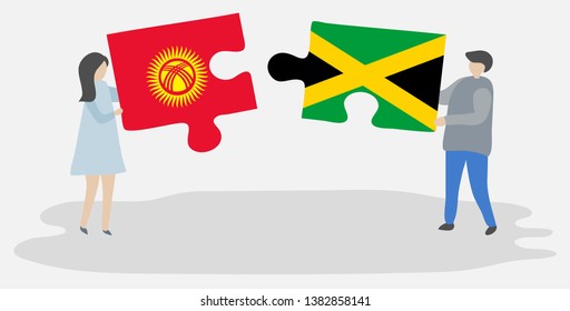 Couple holding two puzzles pieces with Kirgiz and Jamaican flags. Kyrgyzstan and Jamaica national symbols together.