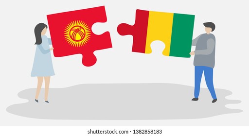Couple holding two puzzles pieces with Kirgiz and Guinean flags. Kyrgyzstan and Guinea national symbols together.